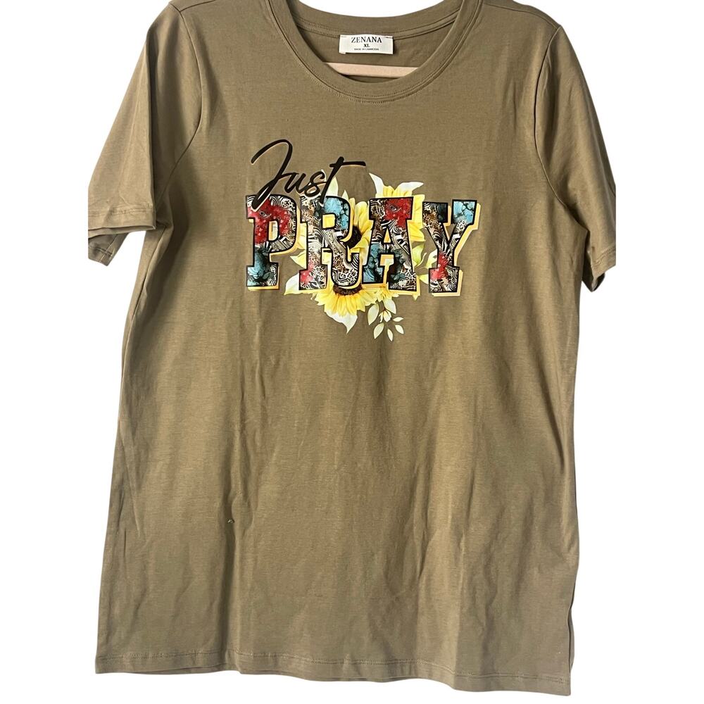 ZENANA WOMEN'S CREW NECK GRAPHIC SHORT SLEEVE T-SHIRT KHAKI XL NEW